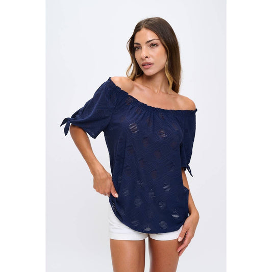 Eyelet Smocking Tie Sleeve Peasant Top