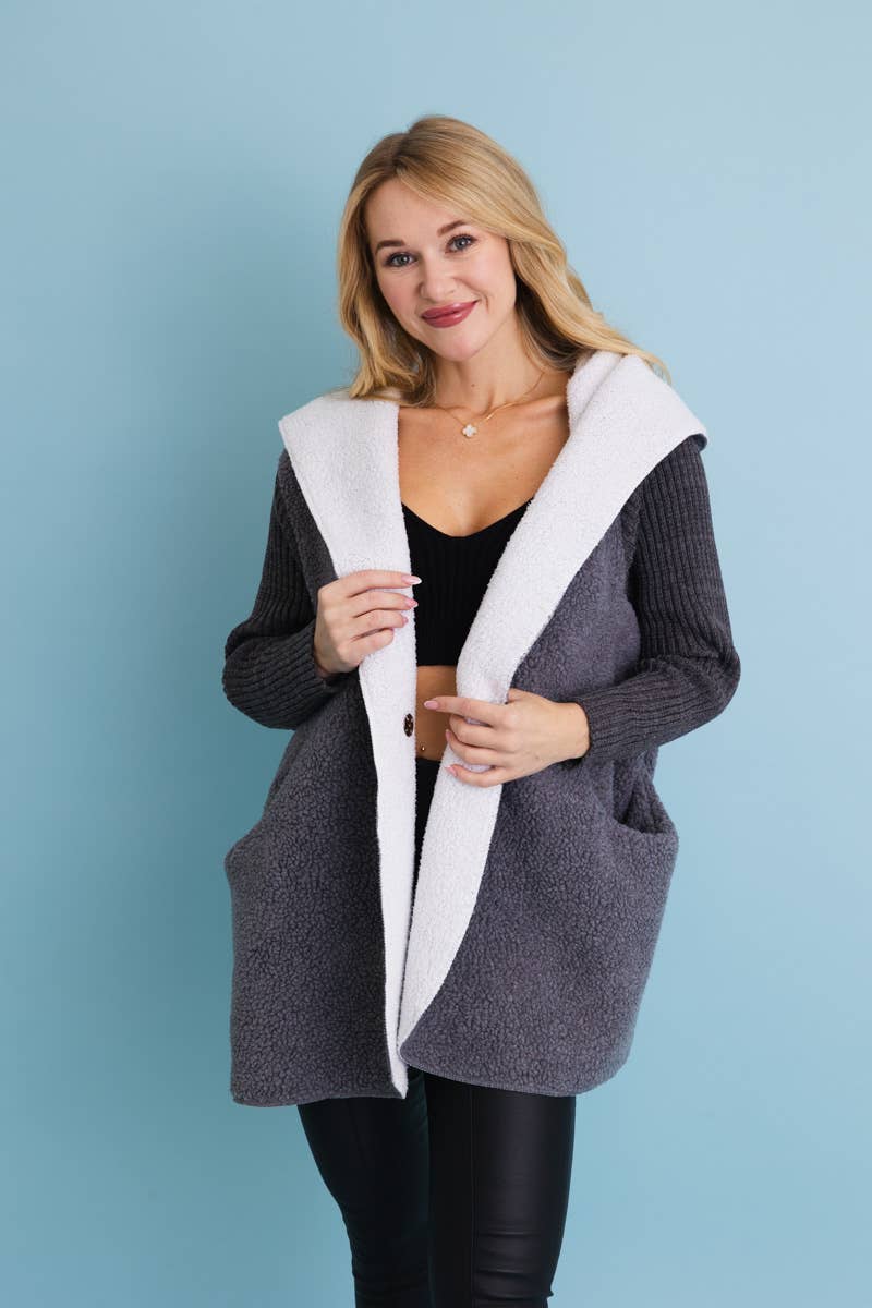 Gray Cozy Sherpa Hooded Cardigan