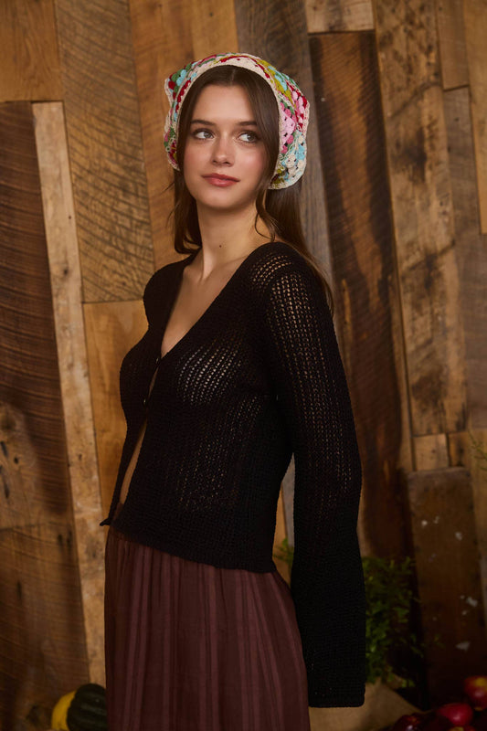BELL SLEEVE CROCHET KNIT CARDIGAN