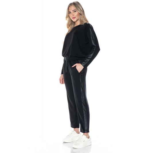 Ariella crew neck with pleather sleeve scuba top