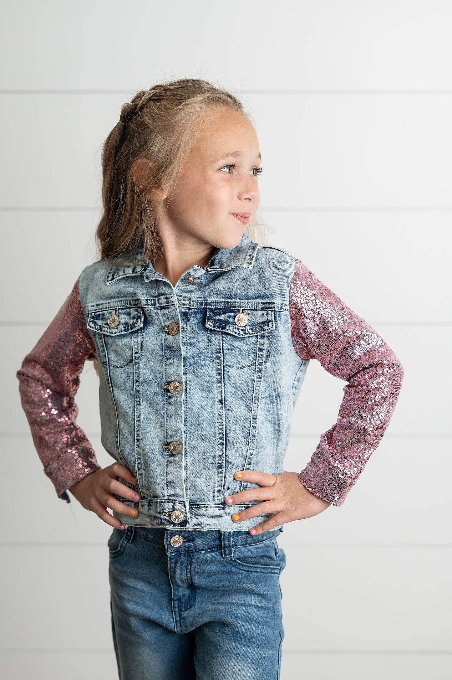 Kids Pink Sequin & Light Wash Denim Jacket