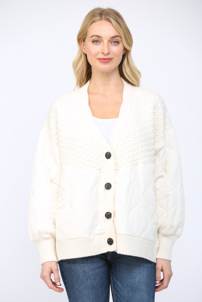 Fate Button-up Quilted Mixed Media Cardigan