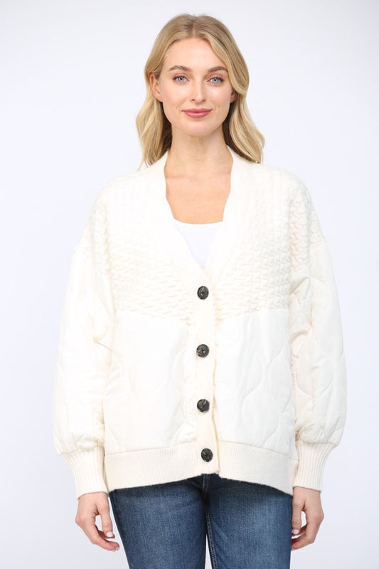 Fate Button-up Quilted Mixed Media Cardigan