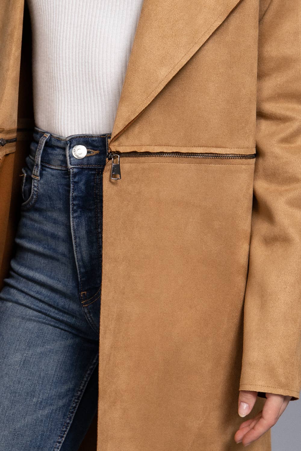 Long Sleeve Front Two Zipper Detail Faux Suede Long Jacket