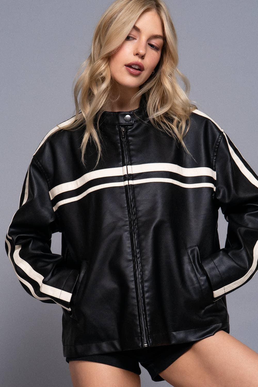 Long Sleeve Line Detail Washed Effect Faux Leather Jacket