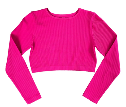 Suzette Long Sleeve High Neck Rib Crop - Barbie Pink