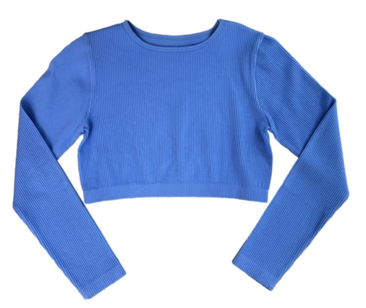 Suzette Long Sleeve High Neck Rib Crop - Blue Water