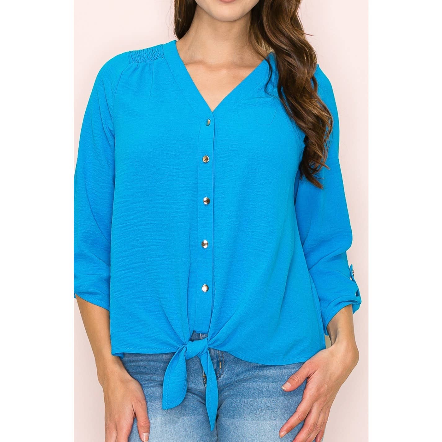 V-Neck Air Flow Smocking Shoulder Tie Front Shirt