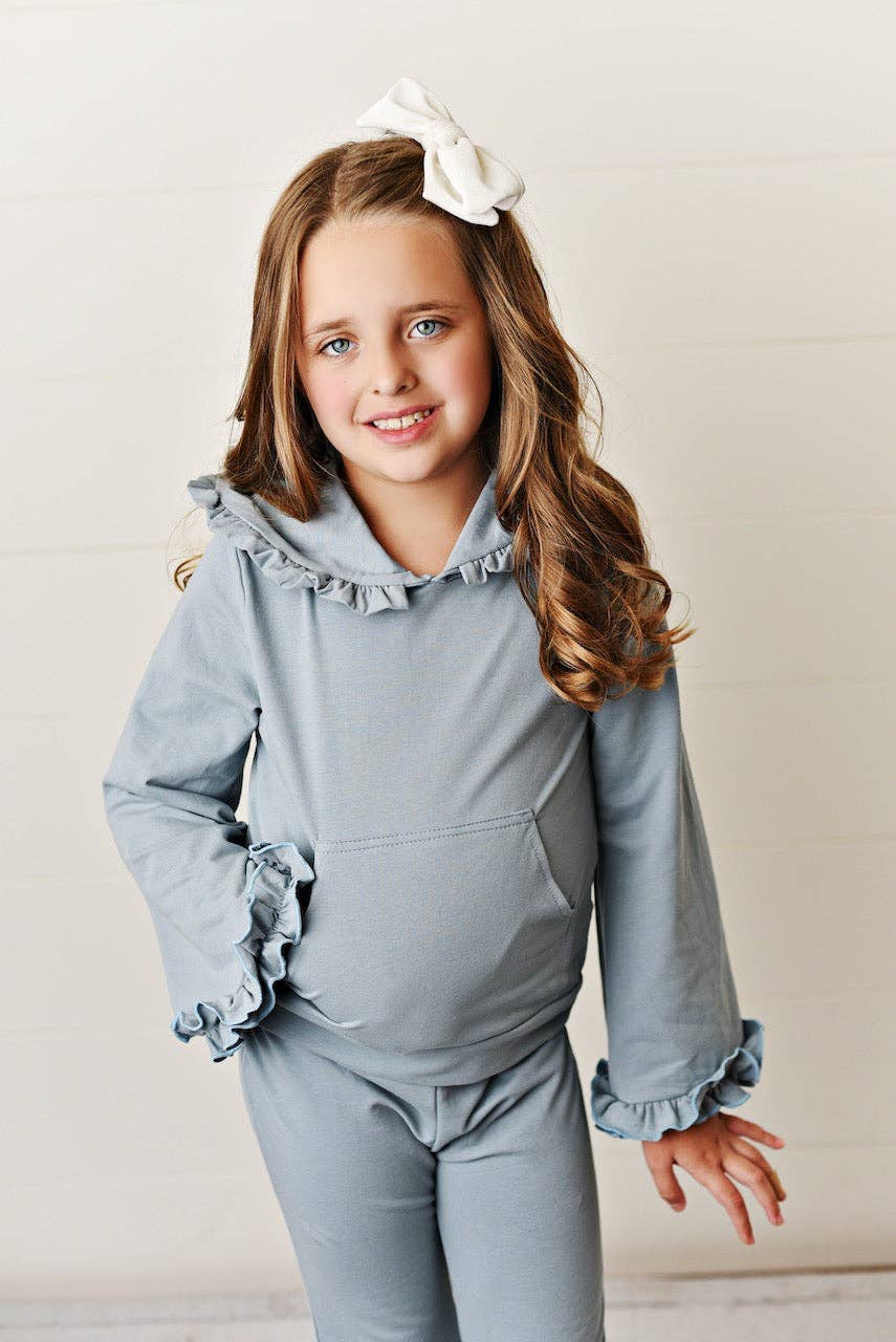 Kids Gray Hooded Ruffle Pocket Fall Winter Lounge Set
