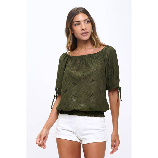 Eyelet Smocking Hem Tie Sleeve Peasant Top