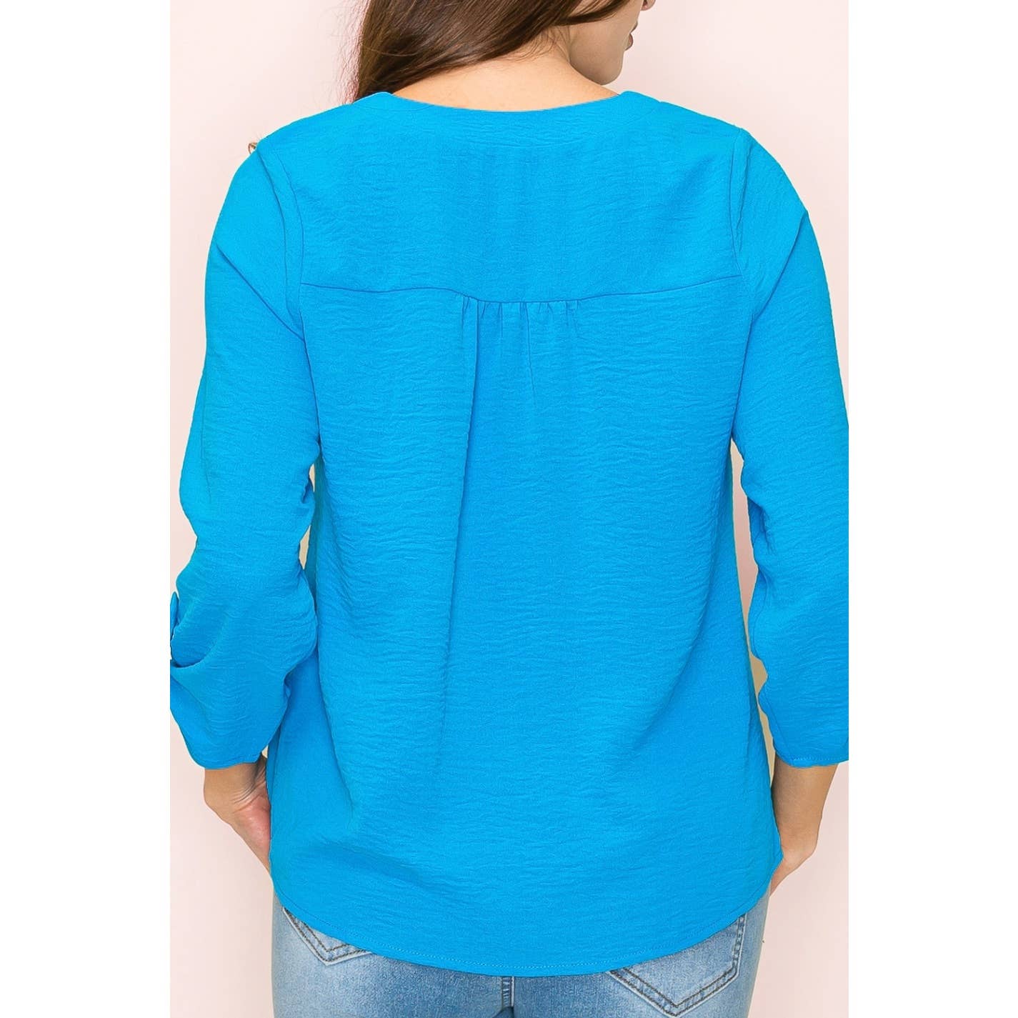 V-Neck Air Flow Smocking Shoulder Tie Front Shirt