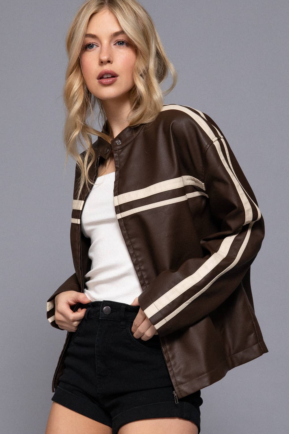 Long Sleeve Line Detail Washed Effect Faux Leather Jacket