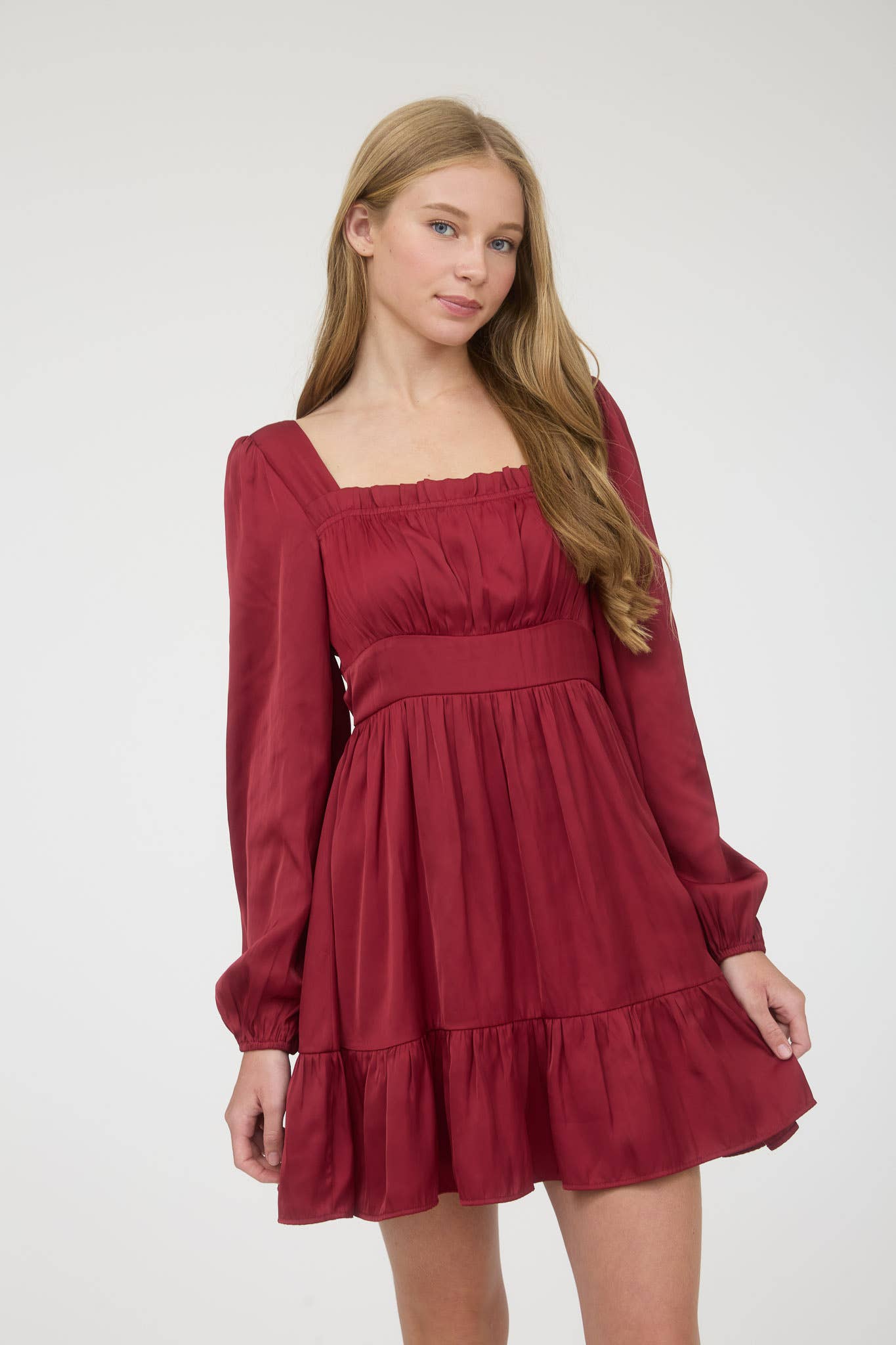 Blu Pepper SATIN SQUARE NECK LONG SLEEVE MINI DRESS