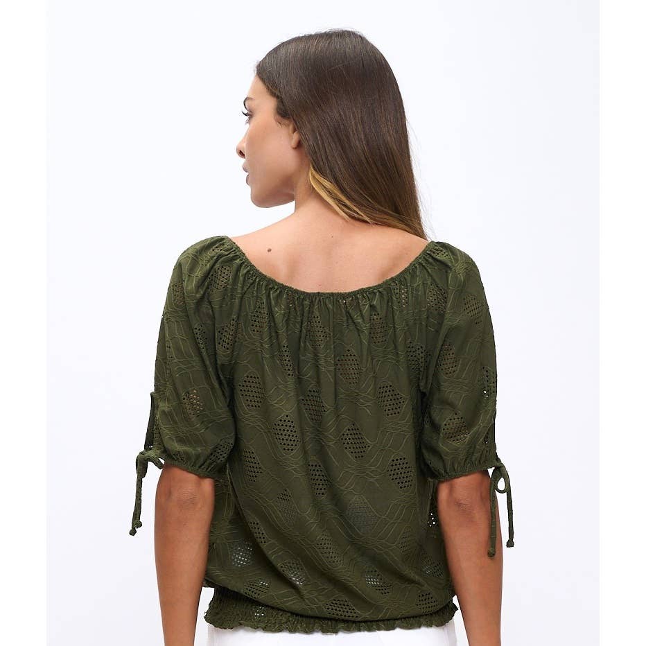 Eyelet Smocking Hem Tie Sleeve Peasant Top