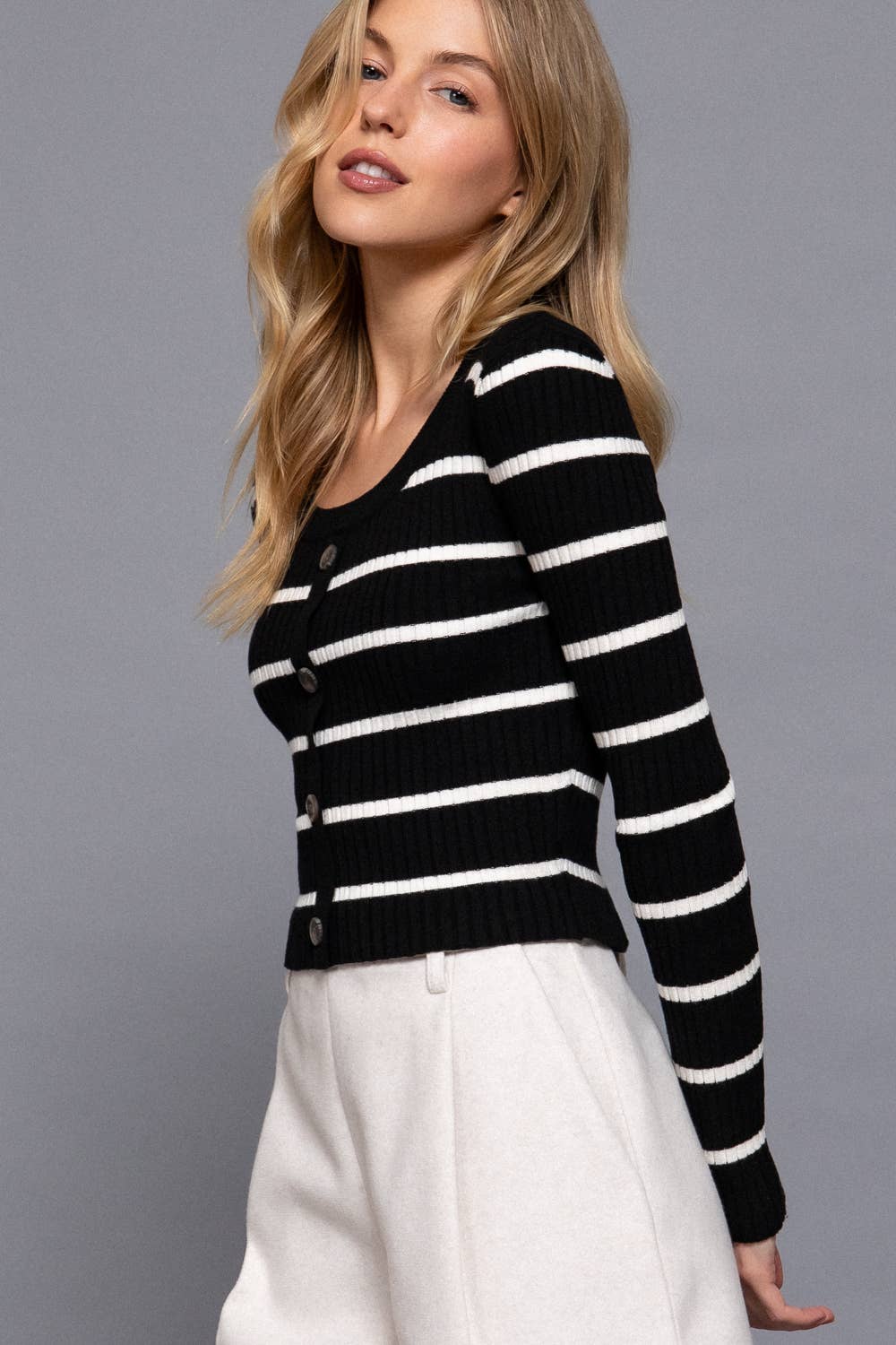 Long Sleeve Round Neck Button Down Stripe Sweater
