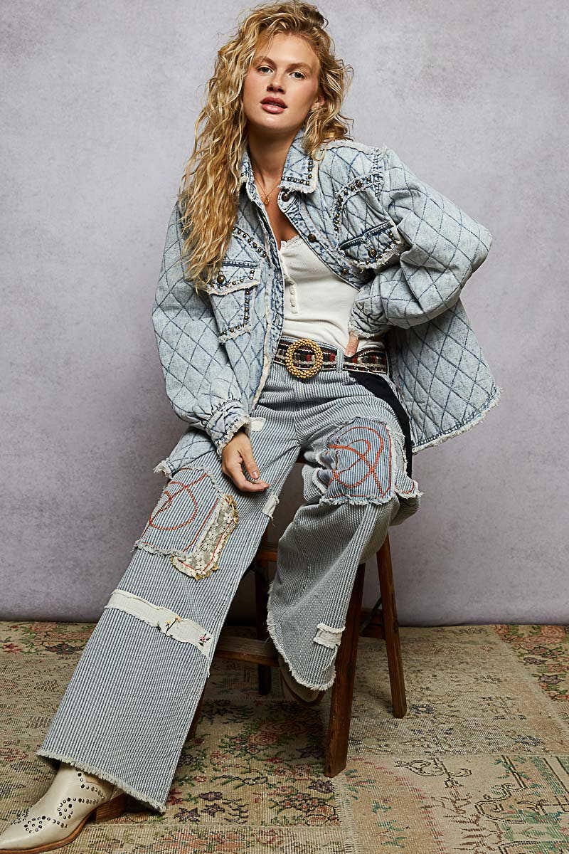 Long Sleeve Stud Patchwork Shirt Jacket