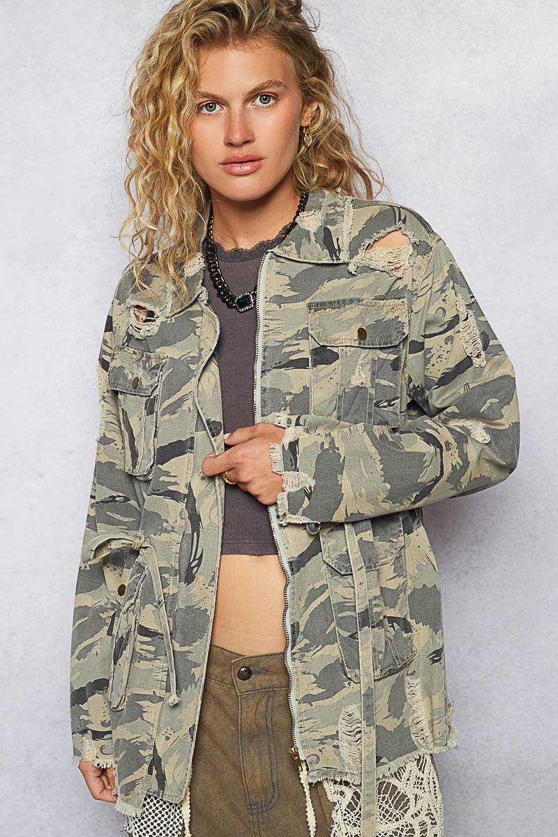 Camo Print Zipper Waist Tie Jacket with Pockets