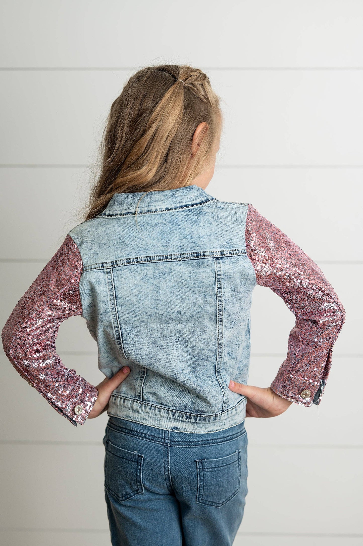 Kids Pink Sequin & Light Wash Denim Jacket
