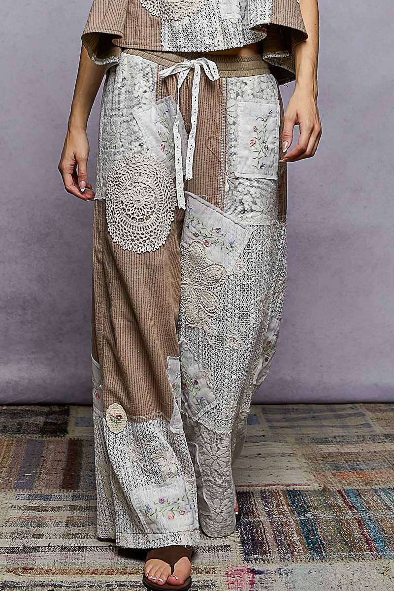 Solid Lace Patch Detail Woven Pants