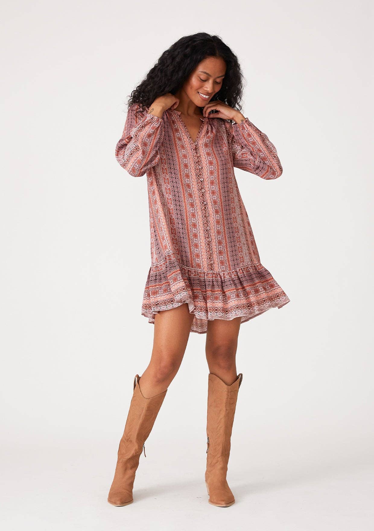 Bohemian Long Sleeve Drop Waist Mini Dress