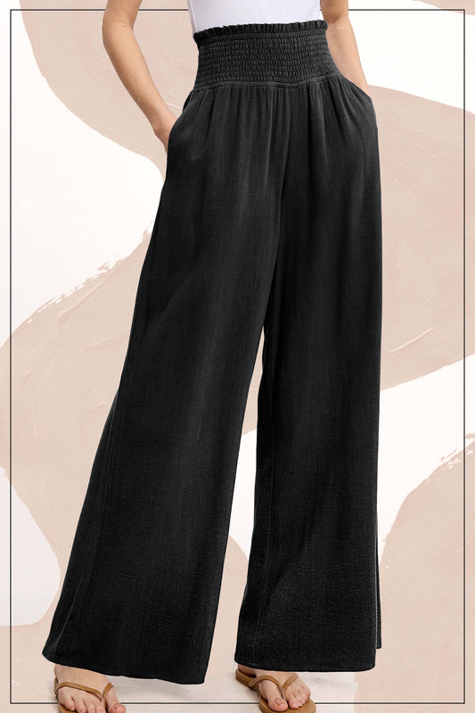 Smocked Waist High Waist Pants with Side Pockets