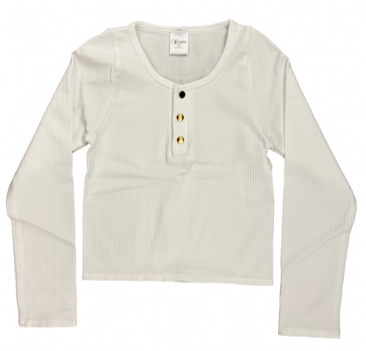 Suzette Tween Long Sleeve Ribbed Henley with Gold Snaps
