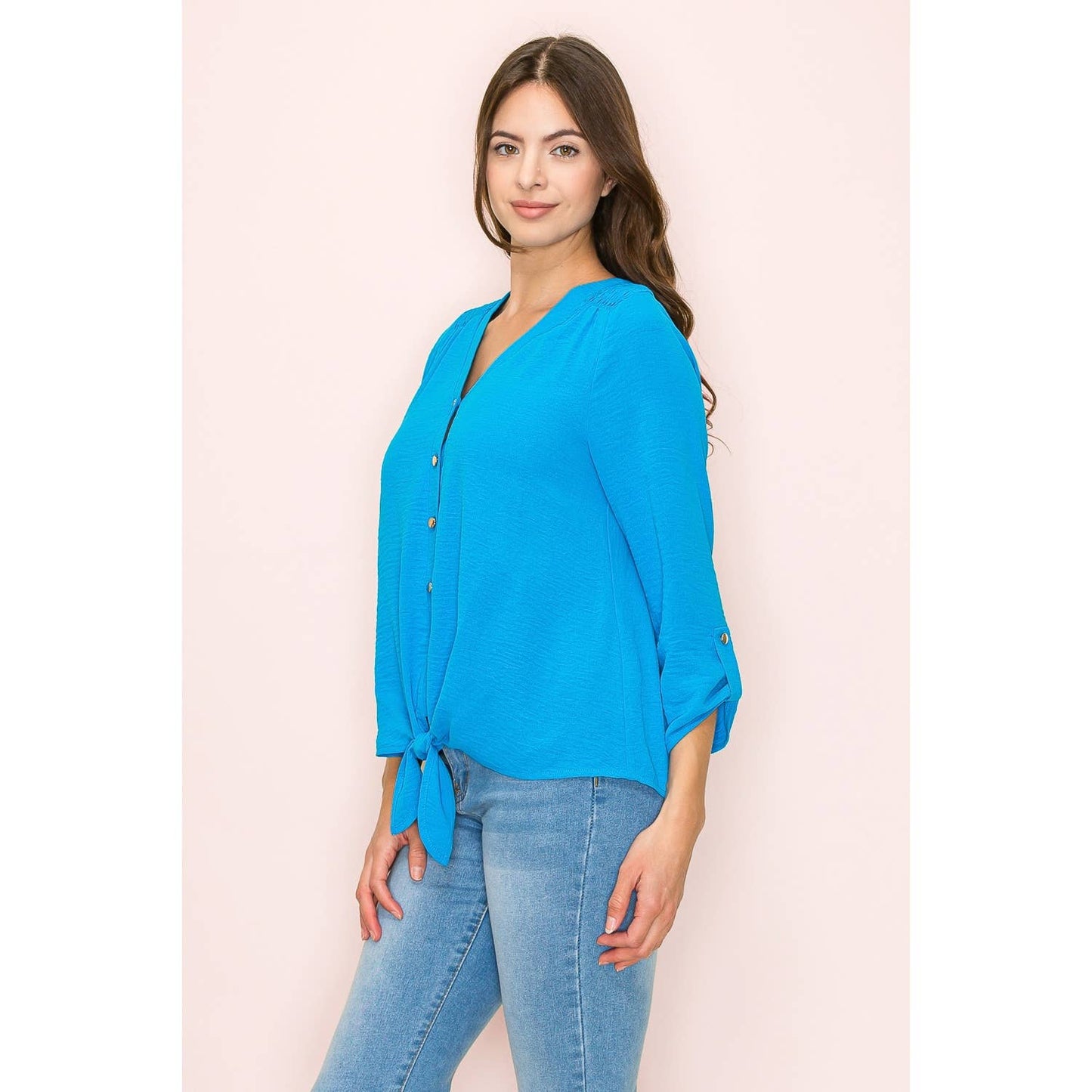 V-Neck Air Flow Smocking Shoulder Tie Front Shirt
