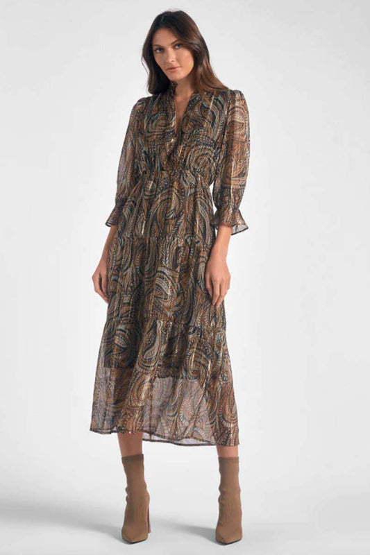 Elan Brown Paisley Midi Dress