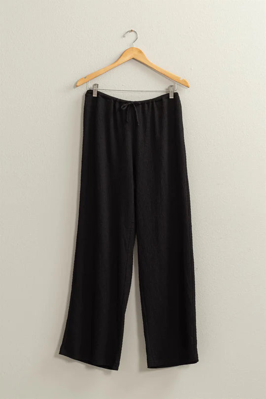 Crinkle Knit Wide Leg Drawstring Pants- Black
