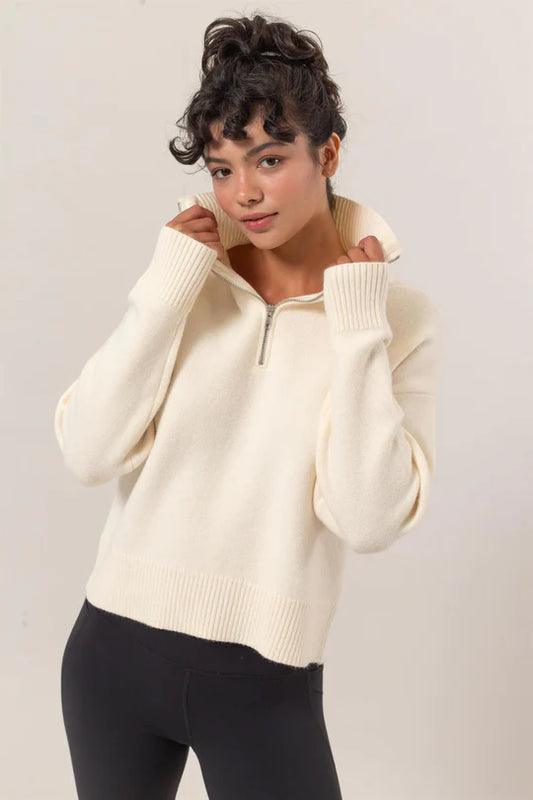 Double Zero Drop Shoulder Half Zip Sweater Solid Color