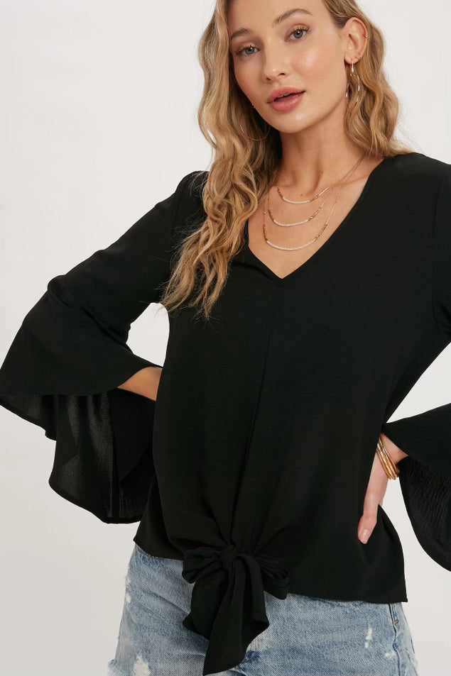 Bluivy Front Tie Blouse with Bell Sleeves