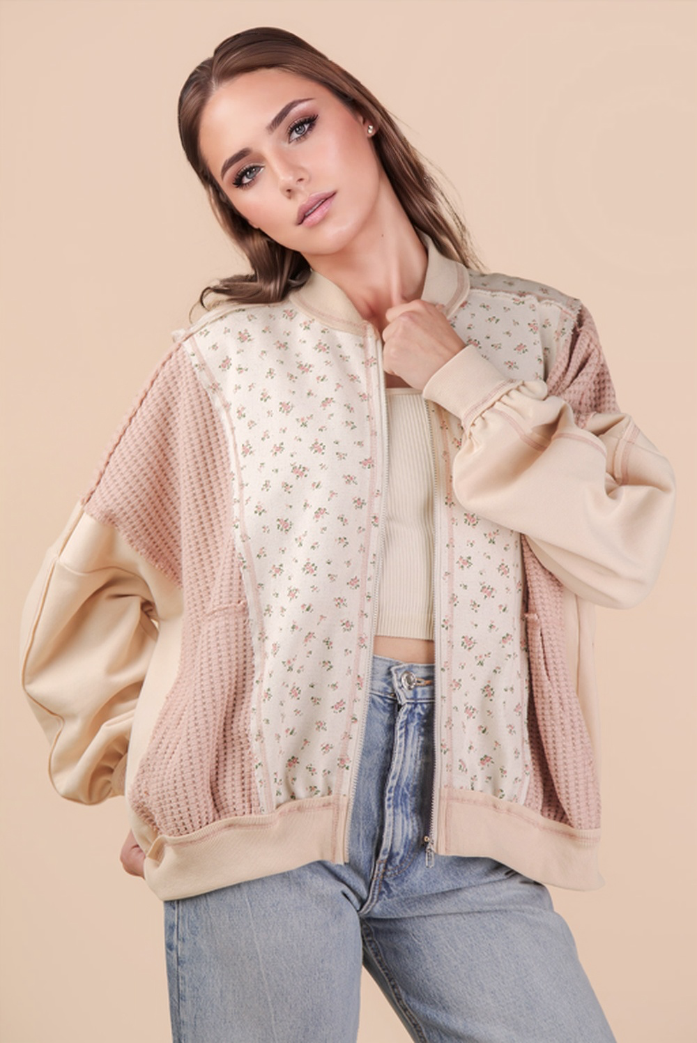 Floral Printed Contrast Knit Oversized Jacket