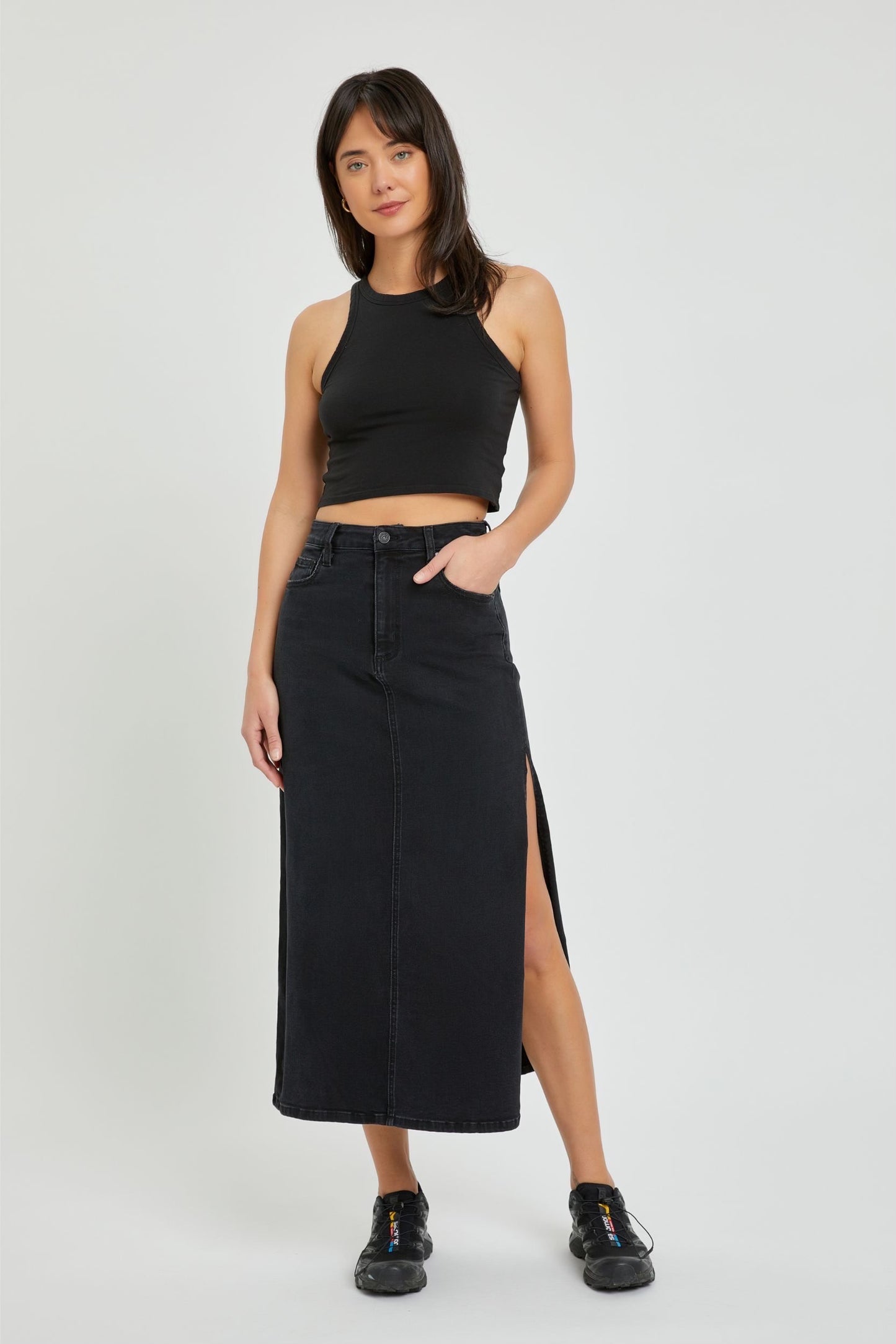 Hidden Side Slit Stretch Midi Skirt