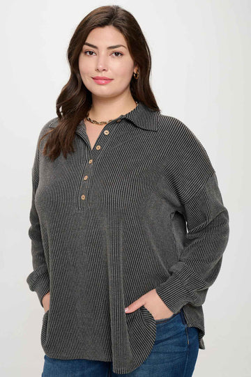 Blu Pepper Pinstripe Collared Half Button Knit Top