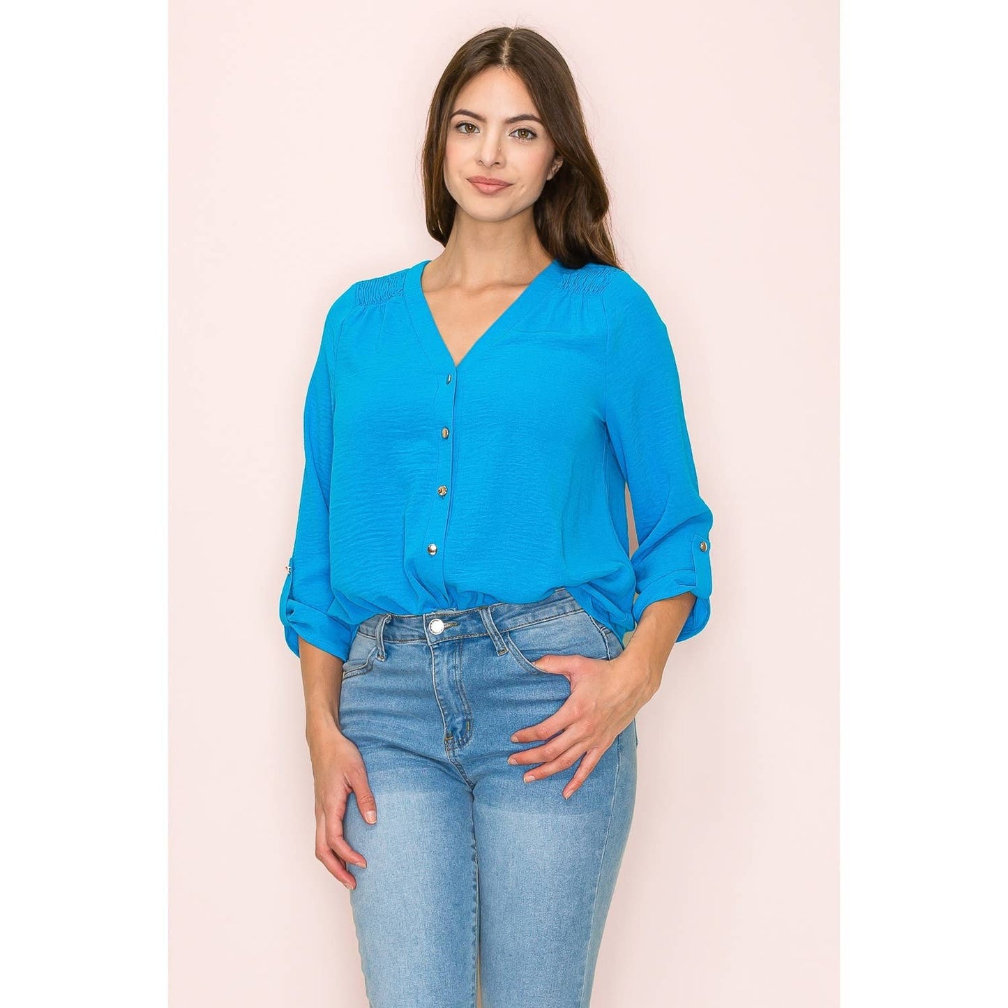 V-Neck Air Flow Smocking Shoulder Tie Front Shirt