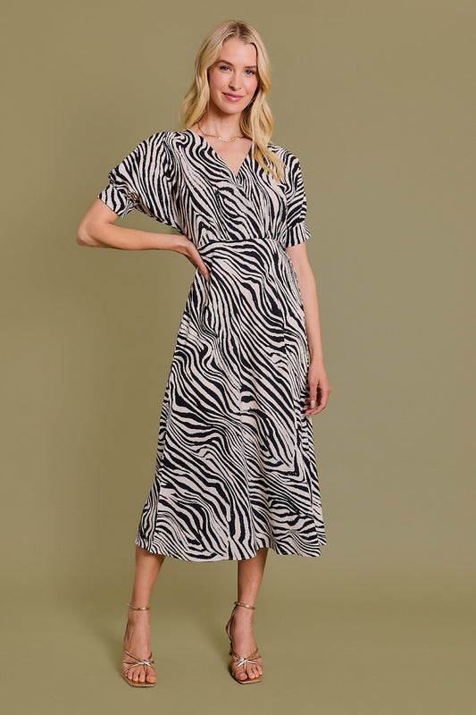 Gilli Clothing Short Puff Sleeve Surplice Animal Print Midi Dress