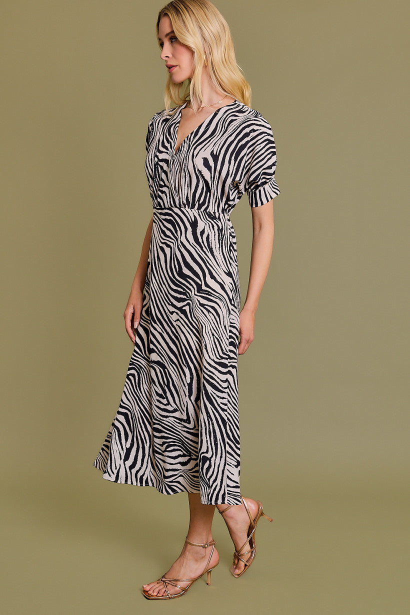 Gilli Clothing Short Puff Sleeve Surplice Animal Print Midi Dress