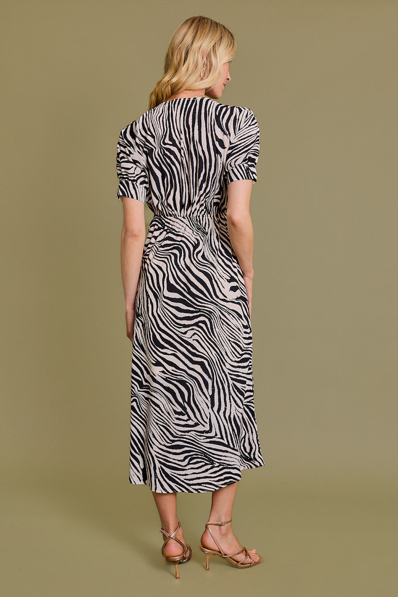 Gilli Clothing Short Puff Sleeve Surplice Animal Print Midi Dress