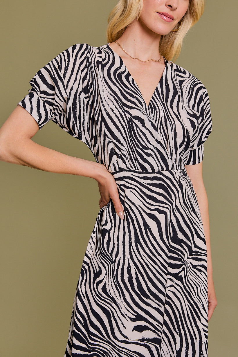 Gilli Clothing Short Puff Sleeve Surplice Animal Print Midi Dress