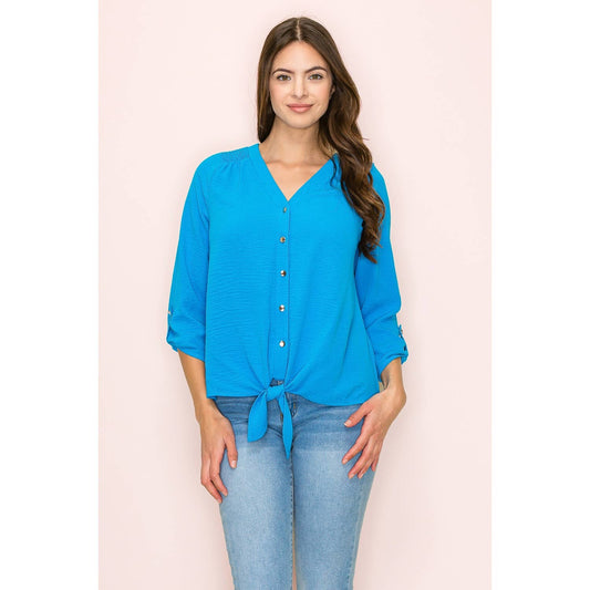V-Neck Air Flow Smocking Shoulder Tie Front Shirt
