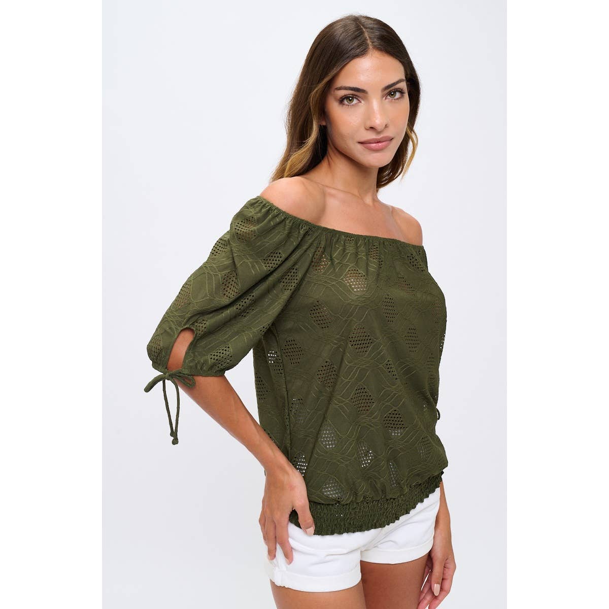 Eyelet Smocking Hem Tie Sleeve Peasant Top
