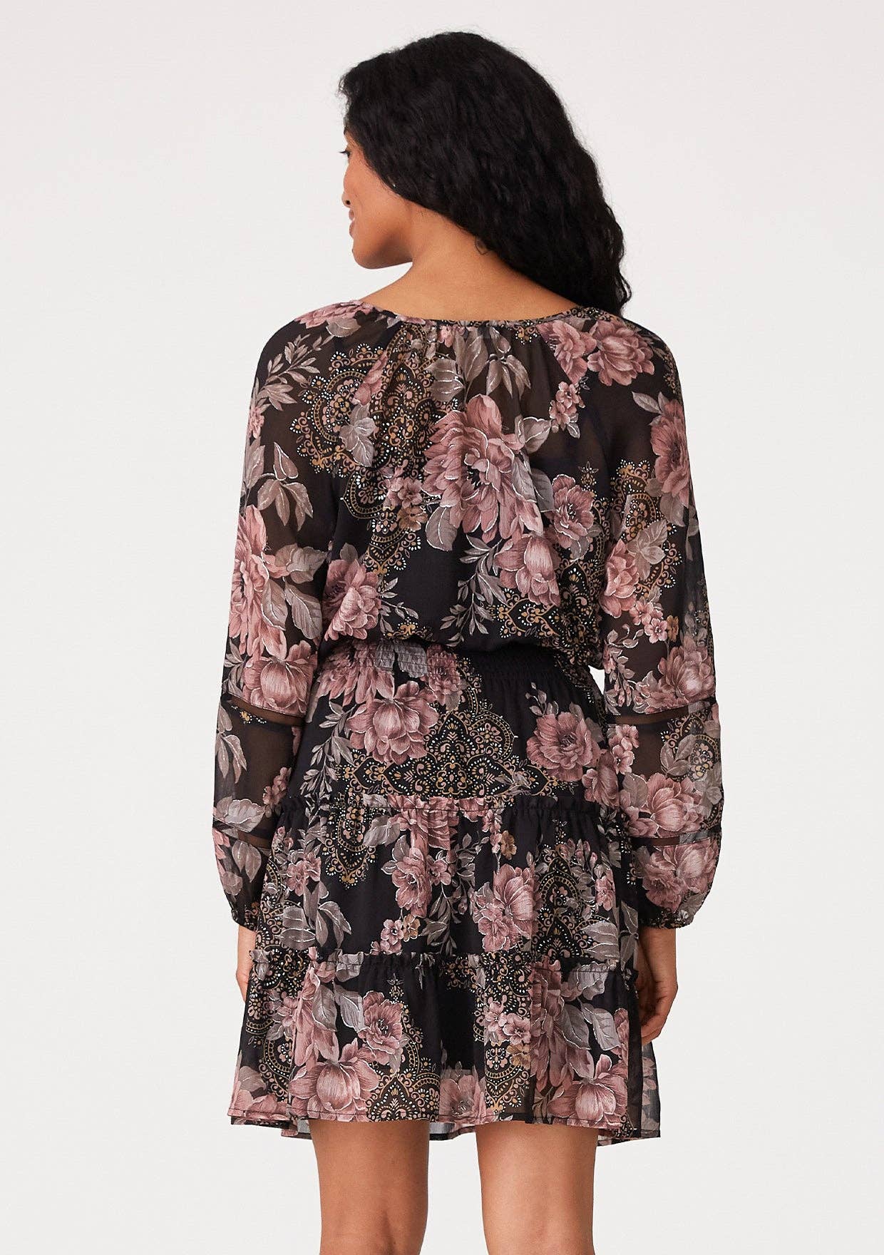 Floral Long Sleeve Smocked Tiered Mini Dress
