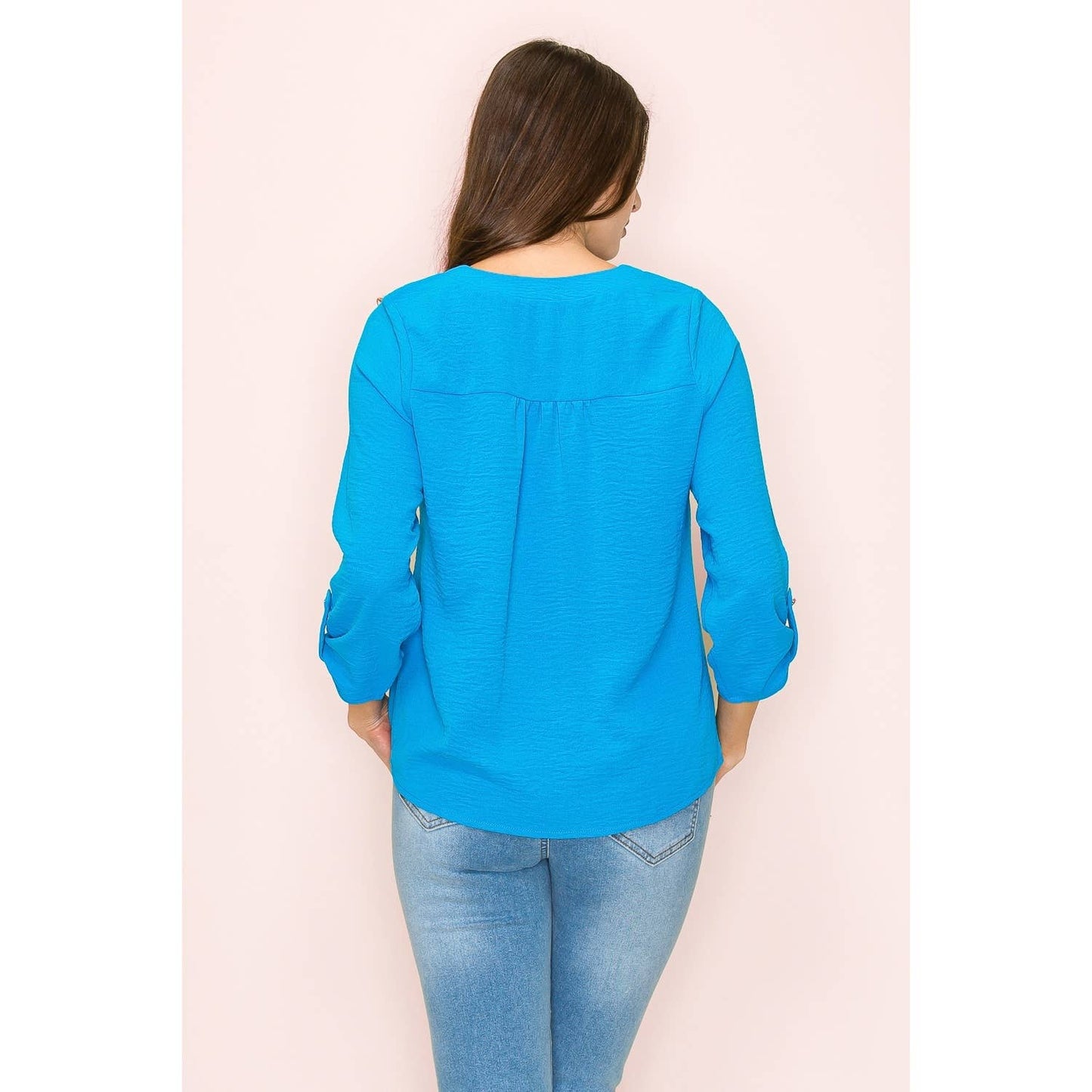 V-Neck Air Flow Smocking Shoulder Tie Front Shirt