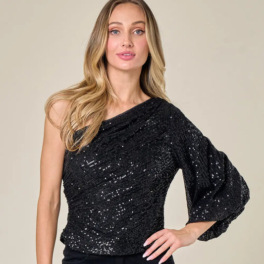 Holiday Sequin One Shoulder Top