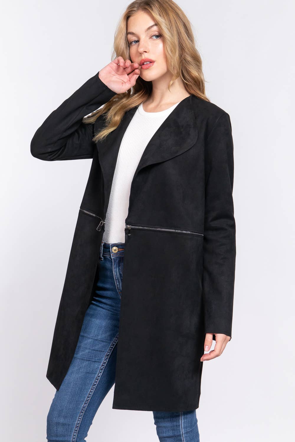 Long Sleeve Front Two Zipper Detail Faux Suede Long Jacket