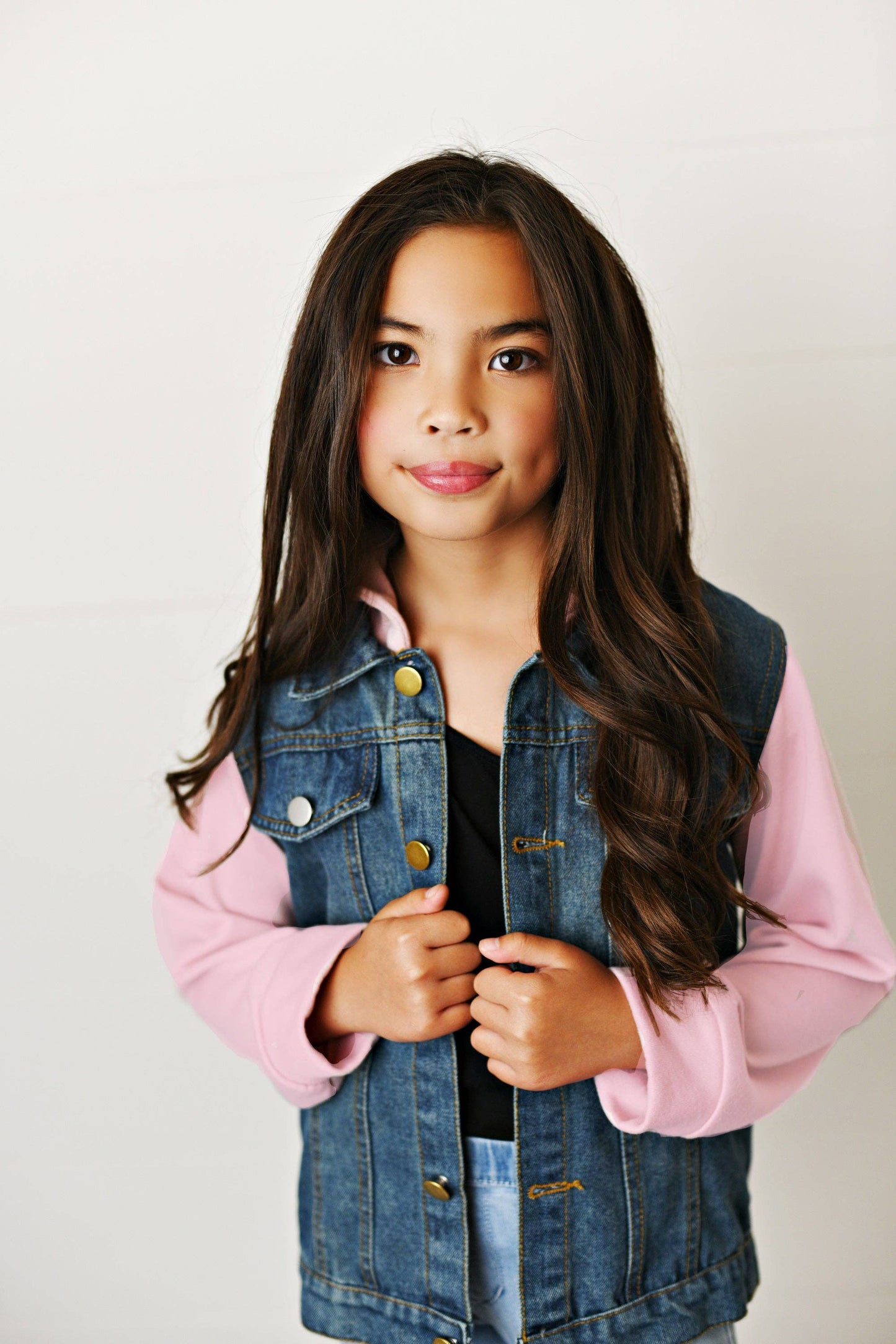 Kids Pink Hoodie Denim and Knit sleeve Jacket