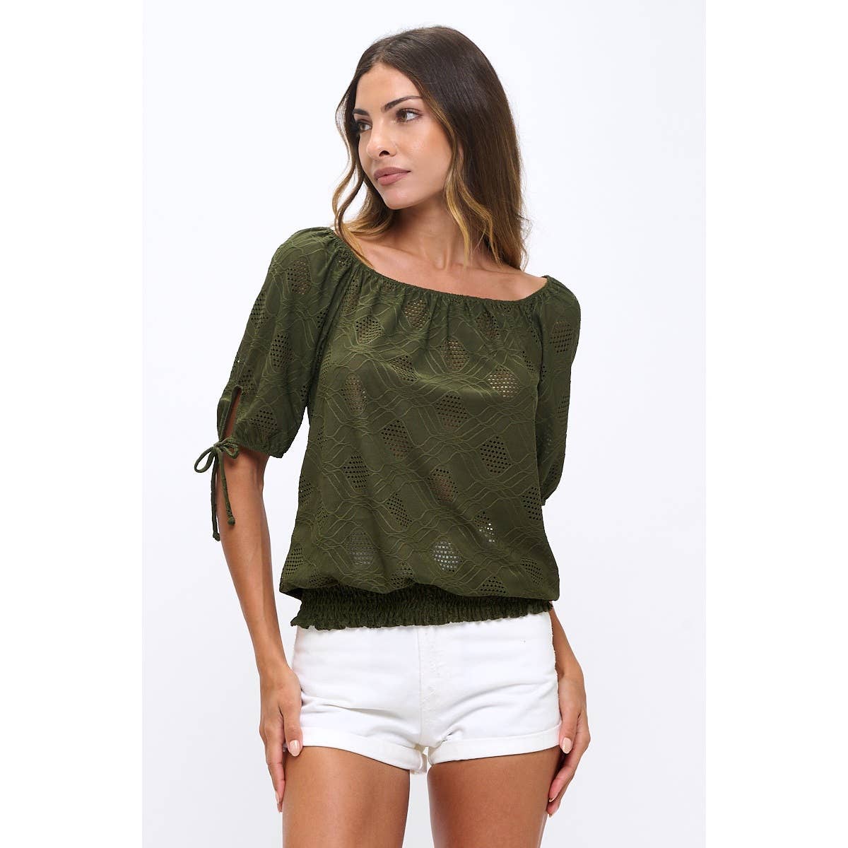 Eyelet Smocking Hem Tie Sleeve Peasant Top