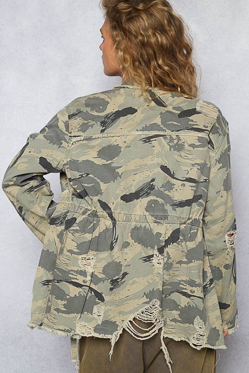 Camo Print Zipper Waist Tie Jacket with Pockets
