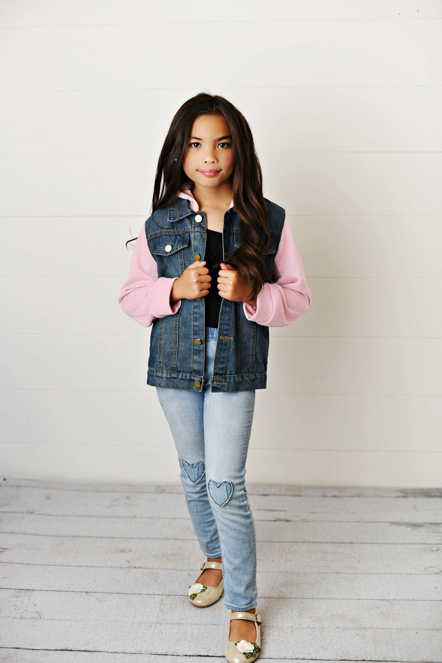 Kids Pink Hoodie Denim and Knit sleeve Jacket