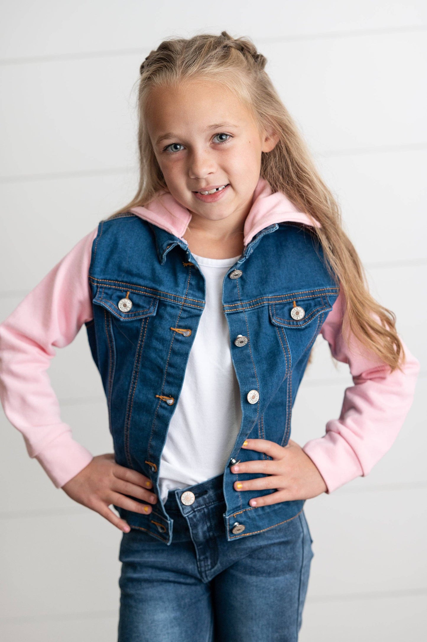 Kids Pink Hoodie Denim and Knit sleeve Jacket